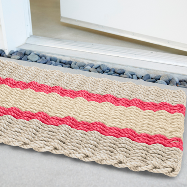Lobster Rope Doormats, Outdoor Door Mats, Wicked Good Door Mats Made in Maine, Dark Tan, Nantucket Red, Light Tan, Angled View in Front Door